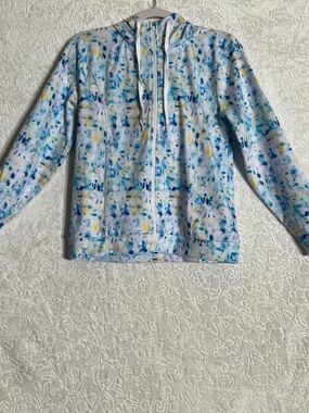 J. Crew White Hoodie Jacket with Blue & Yellow Watercolor Print